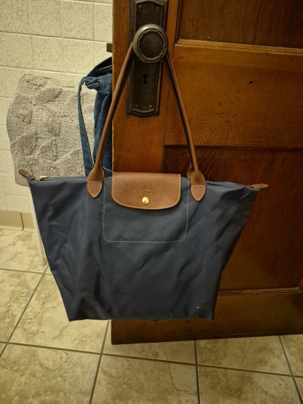 Longchamp Grey and Brown Le Pliage Tote large